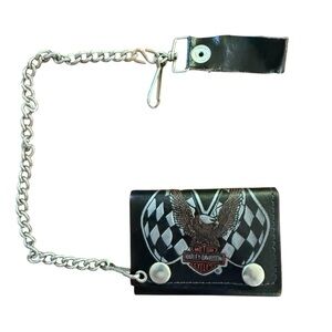 Vintage Harley Davidson Leather Trifold Chain Wallet Black Made In USA Biker